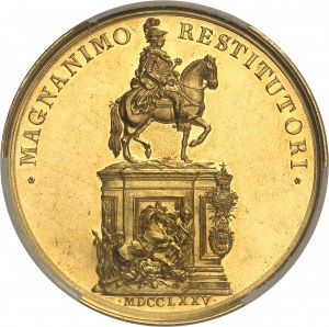 Jozef I. (1750-1777). Zlatá medaila, jazdecký pomník kráľa v Lisabone po rekonštrukcii mesta zničeného zemetrasením v roku 1755, autor José Gaspar 1775, Lisabon.
