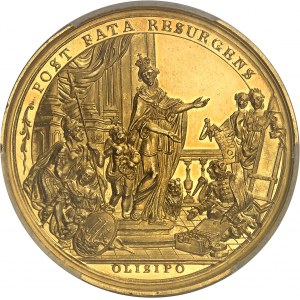 Jozef I. (1750-1777). Zlatá medaila, jazdecký pomník kráľa v Lisabone po rekonštrukcii mesta zničeného zemetrasením v roku 1755, autor José Gaspar 1775, Lisabon.