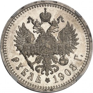 Nicholas II (1894-1917). Rouble, burnished blank (PROOF) 1908 ЭБ, St. Petersburg.