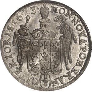 Karol XI (1660-1697). 1/3 toliara (tiež 1/2 florénu), okupácia Pomoranska 1673 DS, Štetín.