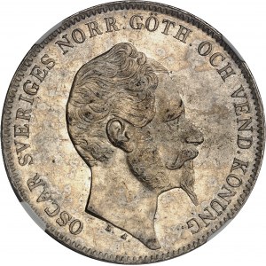 Oscar Ier (1844-1859). 1 riksdaler specie ou 4 riksdaler Ryksmint, 2e buste à barbe longue et grand 4 1856 ST, Stockholm.