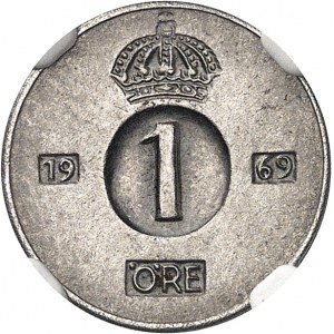 Gustav VI Adolphe (1950-1973). Saggio su 1 öre in ferro non trattato 1969, Stoccolma.