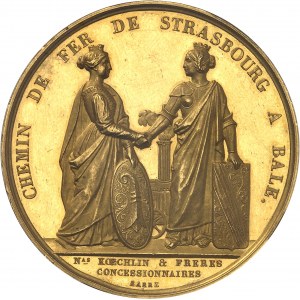 Basilea (cantone di). Medaglia d'oro, Société anonyme ou Compagnie du Chemin de fer de Strasbourg à Bâle, Nicolas Koechlin et frères, di Barre, aspetto Flan bruni (PROOFLIKE) 1838, Parigi.