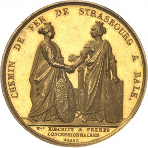 Basilej (kanton). Zlatá medaile, Société anonyme ou Compagnie du Chemin de fer de Strasbourg à Bâle, Nicolas Koechlin et frères, by Barre, aspekt Flan bruni (PROOFLIKE) 1838, Paříž.