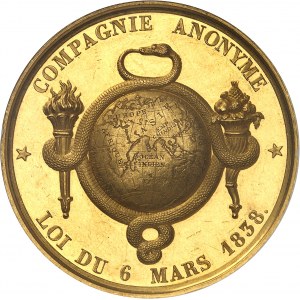 Basel (canton of). Gold medal, Société anonyme ou Compagnie du Chemin de fer de Strasbourg à Bâle, Nicolas Koechlin et frères, by Barre, aspect Flan bruni (PROOFLIKE) 1838, Paris.