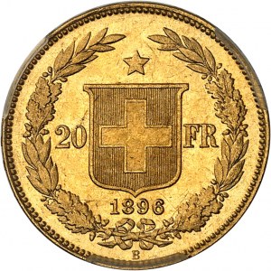 Švajčiarska konfederácia (1848 až súčasnosť). 20 frankov, pásmo B začínajúce na 6. hodine, DOMINUS 1896, B, Bern.