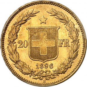 Confédération Helvétique (1848 à nos jours). 20 francs, tranche B commençant à 6 heures par DOMINUS 1896, B, Berne.