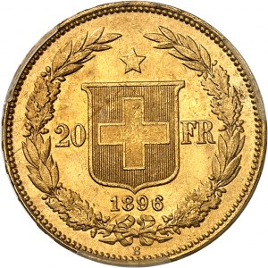 Švajčiarska konfederácia (1848 až súčasnosť). 20 frankov, pásmo B začínajúce na 6. hodine, DOMINUS 1896, B, Bern.