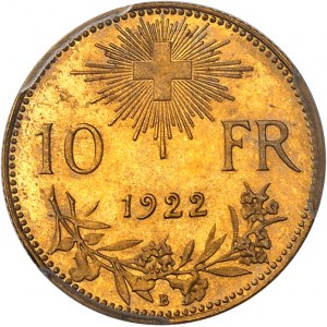 Swiss Confederation (1848 to present). 10 francs Vreneli, Frappe spéciale (SP) 1922, B, Bern.