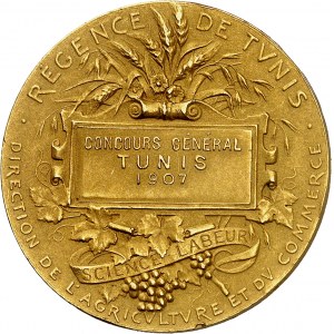 Mohamed el-Naceur, Bey (1906-1922). Zlatá medaile, Tuniské regentství, generální soutěž v Tunisu 1907, Alphée Dubois 1907, Paříž.