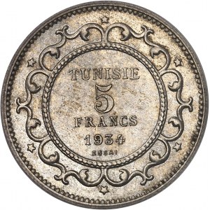 Ahmed, Bey (1929-1942). Trial of 5 francs (on 1 franc blank), Frappe spéciale (SP) 1934 - AH 1353, Paris.