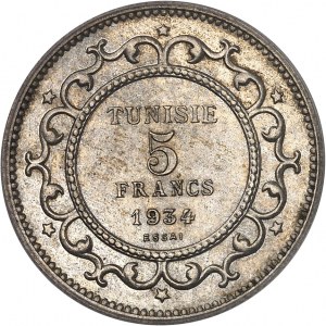 Ahmed, Bey (1929-1942). Essai de 5 francs (sur flan de module 1 franc), Frappe spéciale (SP) 1934 - AH 1353, Paris.