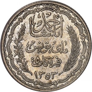 Ahmed, Bey (1929-1942). 5-Franc-Versuch (auf 1-Franc-Modulrohling), Sonderprägung (SP) 1934 - AH 1353, Paris.