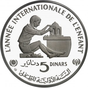 Habib Bourguiba (1957-1987). Minca v hodnote 5 dinárov, Medzinárodný rok dieťaťa 1979 (IYC) 1982, CHI, Chiasso (Valcambi S.A.).