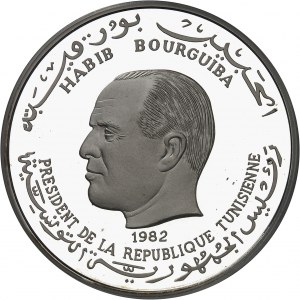 Habib Bourguiba (1957-1987). Minca v hodnote 5 dinárov, Medzinárodný rok dieťaťa 1979 (IYC) 1982, CHI, Chiasso (Valcambi S.A.).