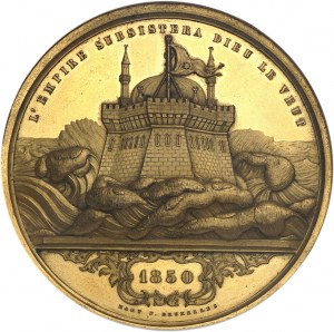 Abdülmecid I. nebo Abdul Mejid (1839-1861). Zlacená bronzová medaile, Regenerace Osmanovy říše, autor L.-J. Hart 1850, Brusel.