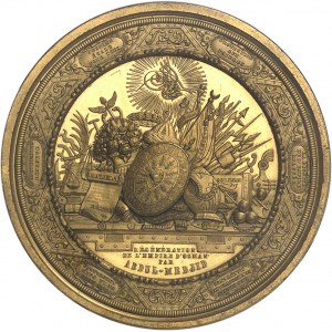 Abdülmecid I. nebo Abdul Mejid (1839-1861). Zlacená bronzová medaile, Regenerace Osmanovy říše, autor L.-J. Hart 1850, Brusel.