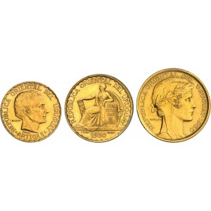 Repubblica. Cofanetto di tre saggi in oro da 10 centavos di A. Morlon, 20 centavos di P. Turin e 5 pesos di L. Bazor, per il Centenario dell'Indipendenza, Frappes spéciales (SP) 1930, Parigi.