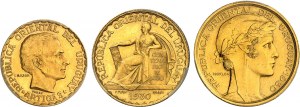 Republic. Boxed set of three gold essays of 10 centavos by A. Morlon, 20 centavos by P. Turin and 5 pesos by L. Bazor, for the Centenary of Independence, Frappes spéciales (SP) 1930, Paris.