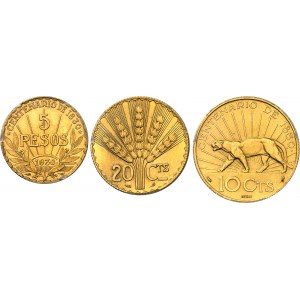 Republik. Box mit den drei Goldversuchen zu 10 Centavos von A. Morlon, 20 Centavos von P. Turin und 5 Pesos von L. Bazor, für den 100. Jahrestag der Unabhängigkeit, Frappes spéciales (SP) 1930, Paris.