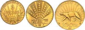 Republic. Boxed set of three gold essays of 10 centavos by A. Morlon, 20 centavos by P. Turin and 5 pesos by L. Bazor, for the Centenary of Independence, Frappes spéciales (SP) 1930, Paris.