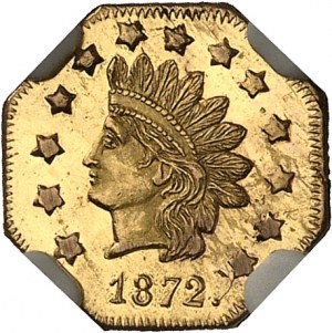 Federalna Republika Stanów Zjednoczonych Ameryki (1776-obecnie). 1 ośmiokątny dolar, złoto kalifornijskie, flan czerniony (PROOFLIKE) 1872.
