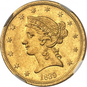 République fédérale des États-Unis d’Amérique (1776-à nos jours). 5 dollars Liberty, sans devise 1839, Philadelphie.