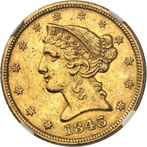 Federal Republic of the United States of America (1776-present). 5 Liberty dollars, without motto 1843, Philadelphia.