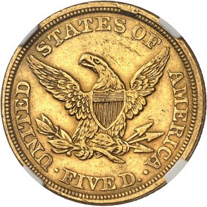République fédérale des États-Unis d’Amérique (1776-à nos jours). 5 dollars Liberty, sans devise 1851, Philadelphie.