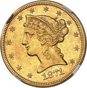 Federalna Republika Stanów Zjednoczonych Ameryki (1776-obecnie). 5 dolarów wolności z mottem 1871, CC, Carson City.