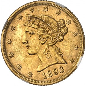 Federal Republic of the United States of America (1776-present). 5 Liberty dollars, with motto 1893, Philadelphia.