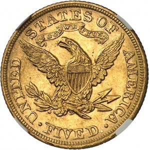 République fédérale des États-Unis d’Amérique (1776-à nos jours). 5 dollars Liberty, avec devise 1893, Philadelphie.