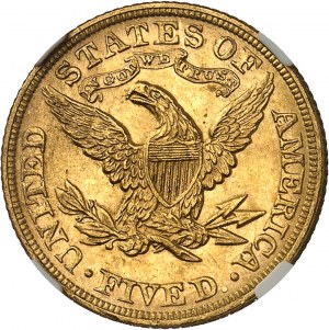 République fédérale des États-Unis d’Amérique (1776-à nos jours). 5 dollars Liberty, avec devise 1893, Philadelphie.