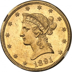 Federal Republic of the United States of America (1776-present). 10 Liberty dollars, with motto 1891, CC, Carson City.
