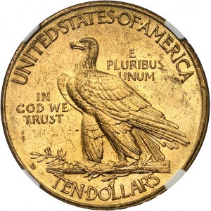 Federal Republic of the United States of America (1776-present). 10 Indian dollars, with motto 1908, D, Denver.