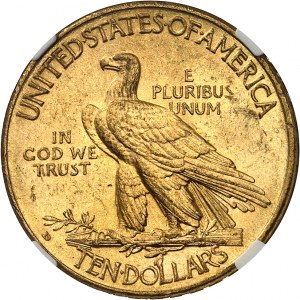 Federal Republic of the United States of America (1776-present). 10 Indian dollars, with motto 1908, D, Denver.