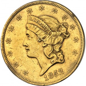 République fédérale des États-Unis d’Amérique (1776-à nos jours). 20 dollars Liberty, sans devise 1852, Philadelphie.
