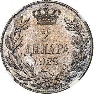 Aleksander I (1921-1934). Próba 2 dinarów, gruby blankiet, A. Patey 1925, éclair, Poissy.