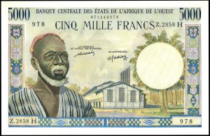 5000 franků - písmeno H (Niger) ND (1977).