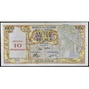10 nowych franków z nadrukiem na 1000 franków 30-4-1958.