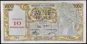 10 nouveaux francs surchargé sur 1000 francs 30-4-1958.