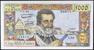 France. 5000 francs type “Henri IV” - alphabet 63 inconnu 10-7-1958.
