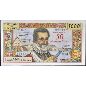 50 neue überdruckt auf 5000 Francs Typ 1957 Henri IV 5-3-1959.