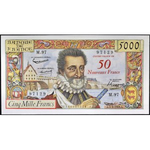 50 nouveaux surchargé sur 5000 francs type 1957 “Henri IV” 5-3-1959.