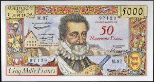 50 nouveaux surchargé sur 5000 francs type 1957 “Henri IV” 5-3-1959.