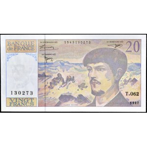 20 francs type 1997 modifié “Debussy” fauté avec décalage d’impression au verso 1997.