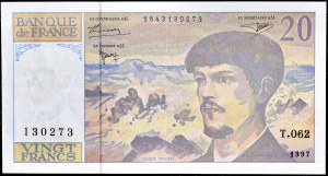 20 francs type 1997 modifié “Debussy” fauté avec décalage d’impression au verso 1997.