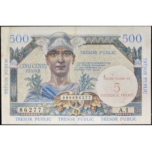 5 nových frankov s pretlačou na 500 frankoch - Trésor Public ND (1960).