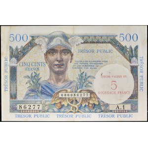 5 nowych franków z nadrukiem na 500 frankach - Trésor Public ND (1960).