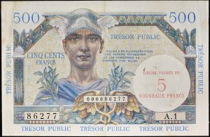 5 nových frankov s pretlačou na 500 frankoch - Trésor Public ND (1960).